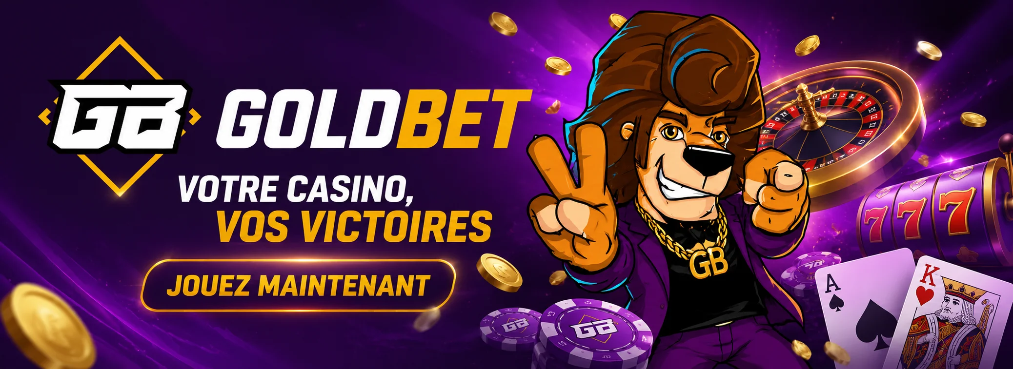 Bannière GoldBet Casino avec la mascotte lion et l'offre de 100 tours gratuits sans dépôt